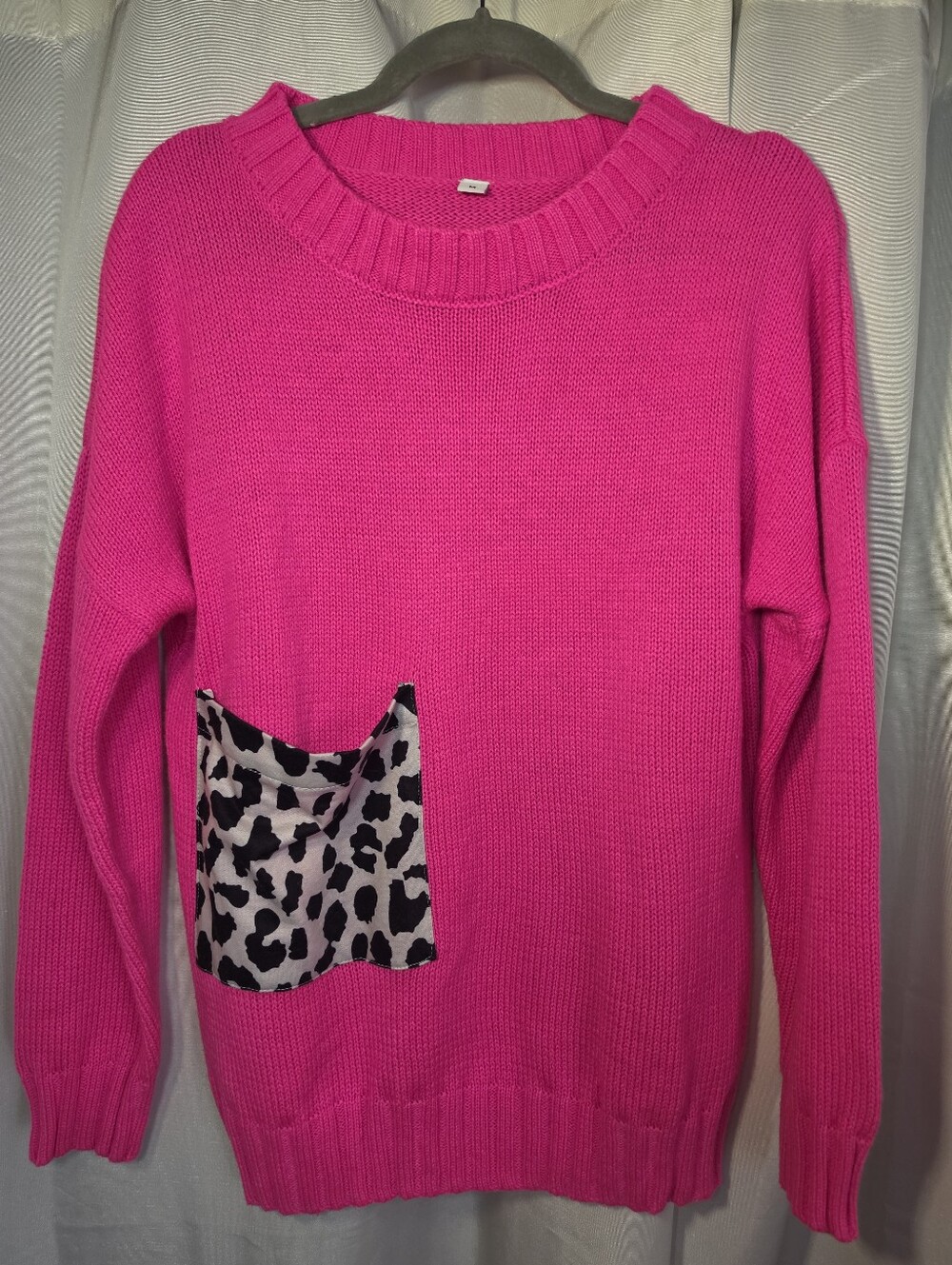 Women’s Hot Pink Knit Sweater with Leopard Pocket